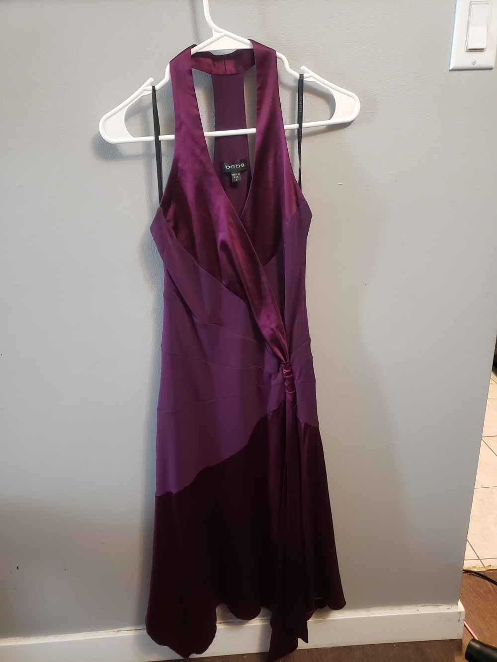 bebe Halter Satin & Chiffon Plum Dress